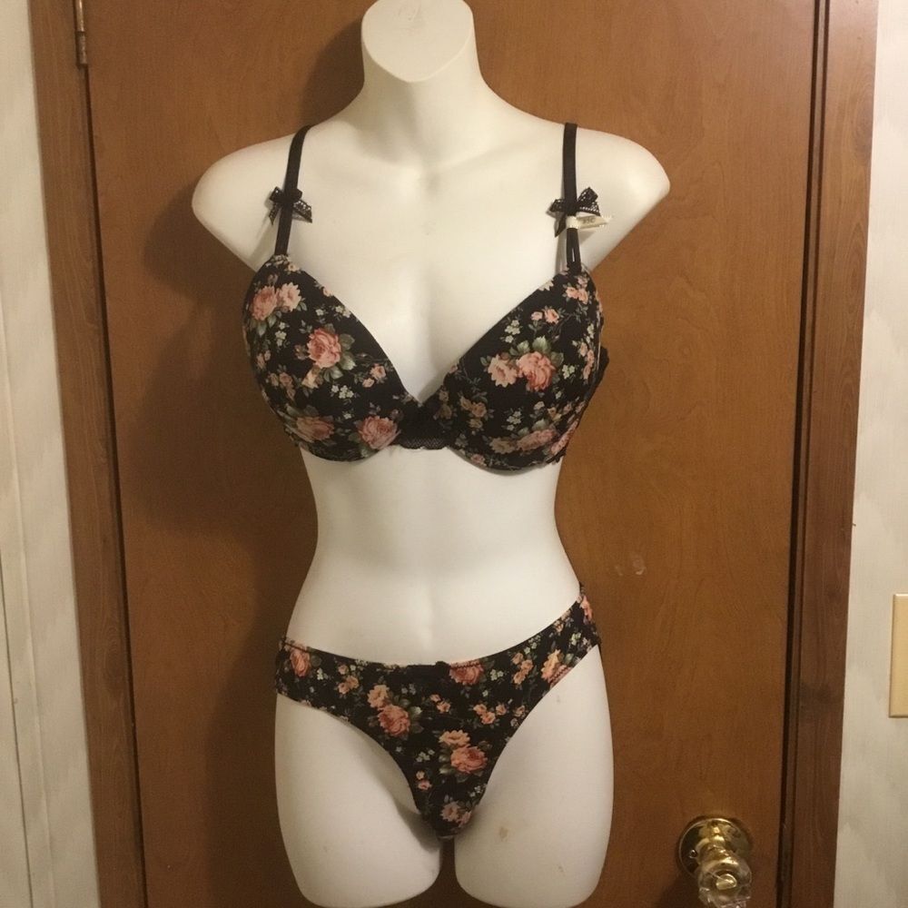 Black Floral Print Women's Lace Intimate Bra Set 38 C